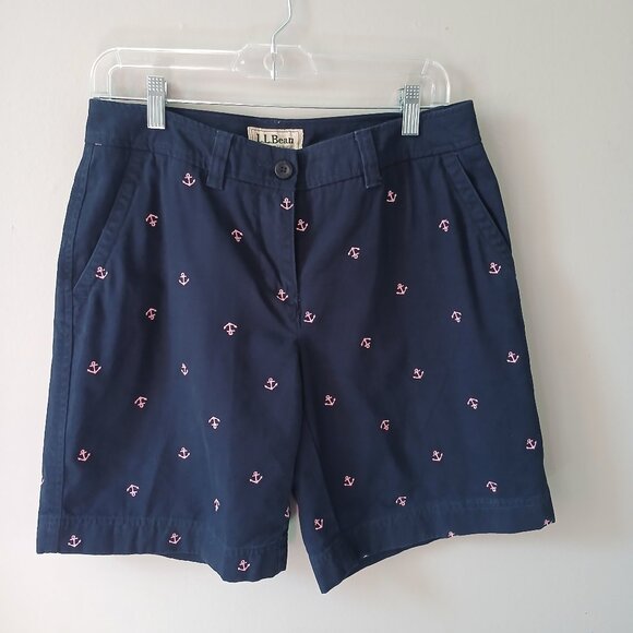 L.L. Bean Women's Favorite Fit Navy Chino Shorts Pink Anchors Size 6 100% Cotton - Picture 1 of 15